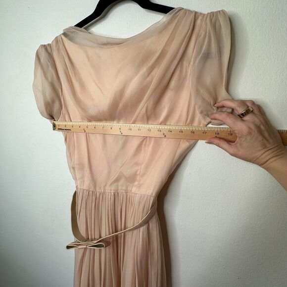 Vintage Size 15 Peach Chiffon Pleated Belted Sleeveless Dress Drape Neck BackZip - Picture 14 of 16